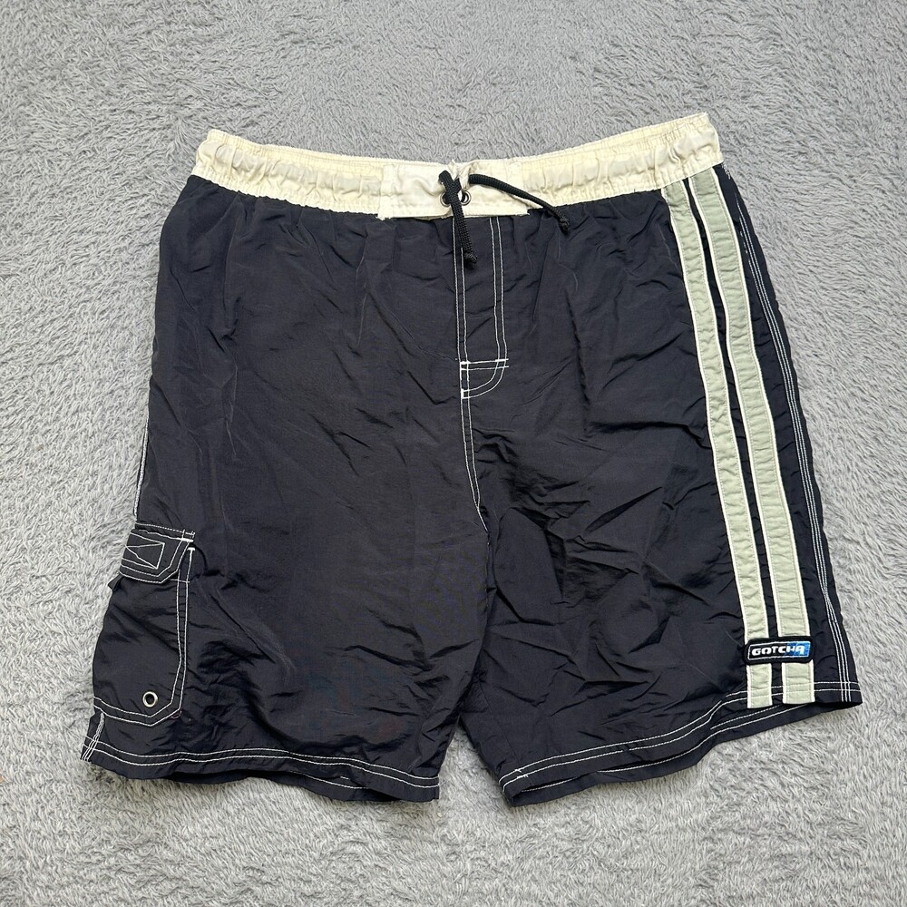 Vintage Y2K Gotcha Board Shorts Mens XL Black Nylon Surf Swim Trunks Beach